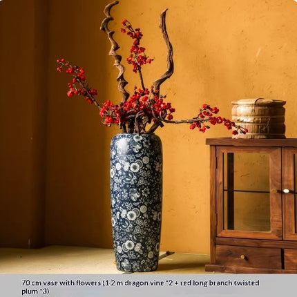 Blue And White Floor Vase Ceramic Tea Rooms Arrangement With Artificial Flowers