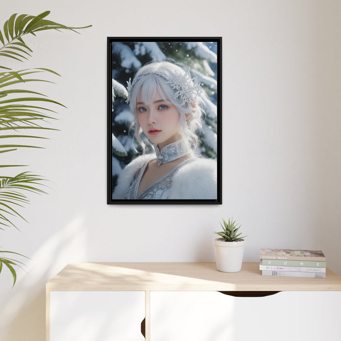 Elegant Snow White Christmas Girl Canvas Print in Sleek Black Frame