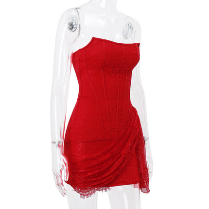 Peekaboo Studio Strapless Lace Dress with Back Lace-up & Slim Fit