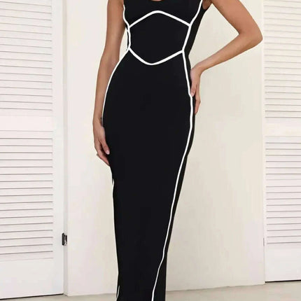 Turn Line Trim Bodycon Stretch Maxi Dress