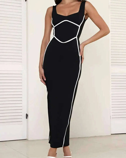 Turn Line Trim Bodycon Stretch Maxi Dress