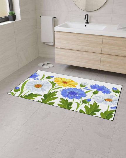 Chic Chamomile Floral Floor Mat with Elegant Black Accents