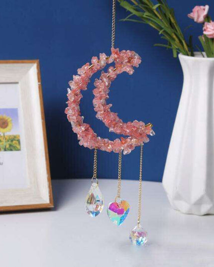 Celestial Harmony: Enchanting Moon and Sun Crystal Pendant with Colorful Bead Accents