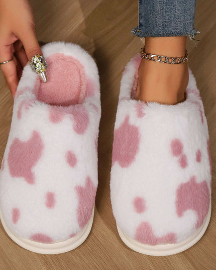 Adorable Cow Print Plush Slippers for Couples - Cozy Non-Slip Fuzzy House Shoes for Winter