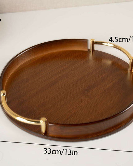 Chic Round Bamboo and Wood Serving Tray with Sturdy Metal Handle - Space-Saving Stackable Ottoman for Home Style