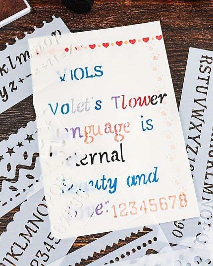 8-Piece Versatile Wave Letter Stencil Set for Creative DIY Crafts with Lace Design and Color Guide