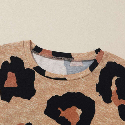 Chic Leopard Print Lounge Set: Long Sleeve Pullover and Shorts Combo