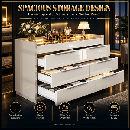 47.2" 8 Drawer Dresser with LED Light, Modern High Gloss Chest of Draw Dressers 47-2-8-drawer-dresser-with-led-light-modern-high-gloss-chest-of-drawers-with-glass-tabletop-2-six-grid-jewelry-drawers-for