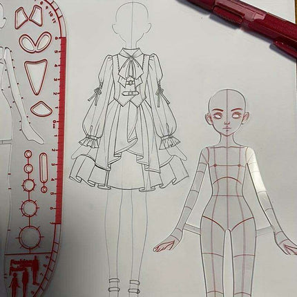 Clear Fashion Illustration Ruler Set with Dress Form Templates for Student Design and BJD Doll Outfit Sketching