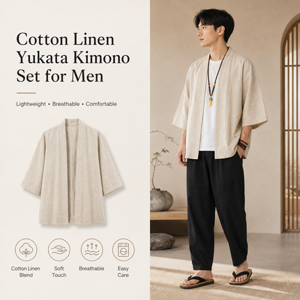 Elegant Cotton Linen Men's Yukata Kimono Robe - Chic Asian-Inspired Lounging Attire - Très Elite