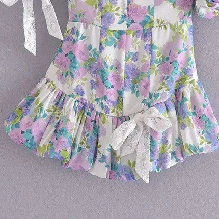 Eclectic Elegance: Lace-Trim Asymmetrical Puff Sleeve Boho Dress