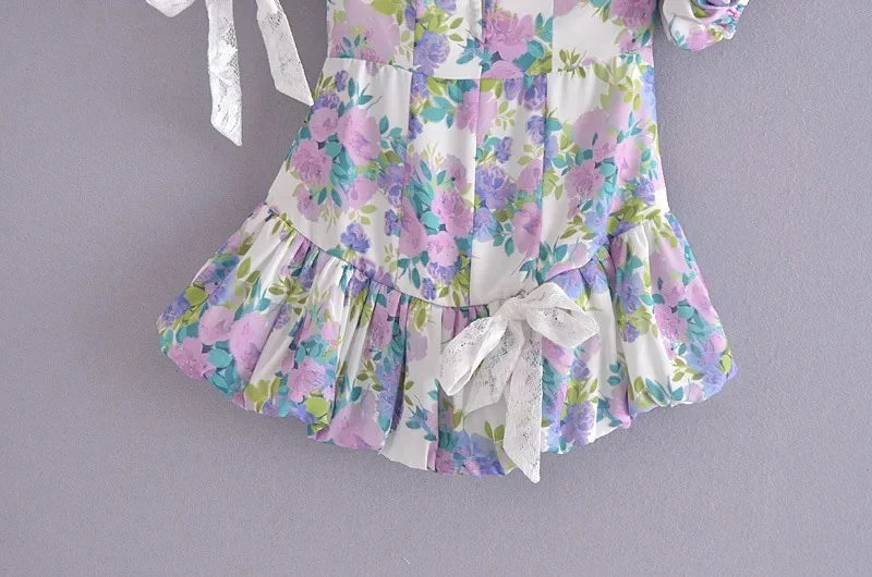 Jakoto Asymmetric Puff Sleeve Dress with Lace Ruffle Skirt - Bohemian Style