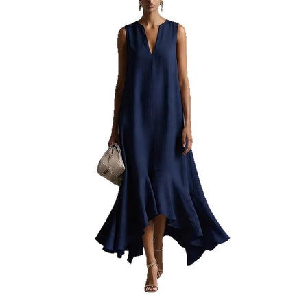 Elegant Deep V-Neck Sleeveless Asymmetrical Hemline Maxi Dress