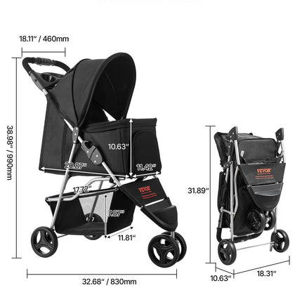 Peekaboo Studio Foldable 3-Wheel Dog Stroller with Brake, 35lbs Capaci