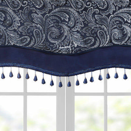 Room & Decor Navy Jacquard Window Valance with Beads, 50x18