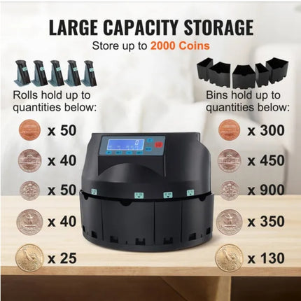 VEVOR Coin Sorter & Counter - 300 Coins/Min, LCD Display, Wrapper