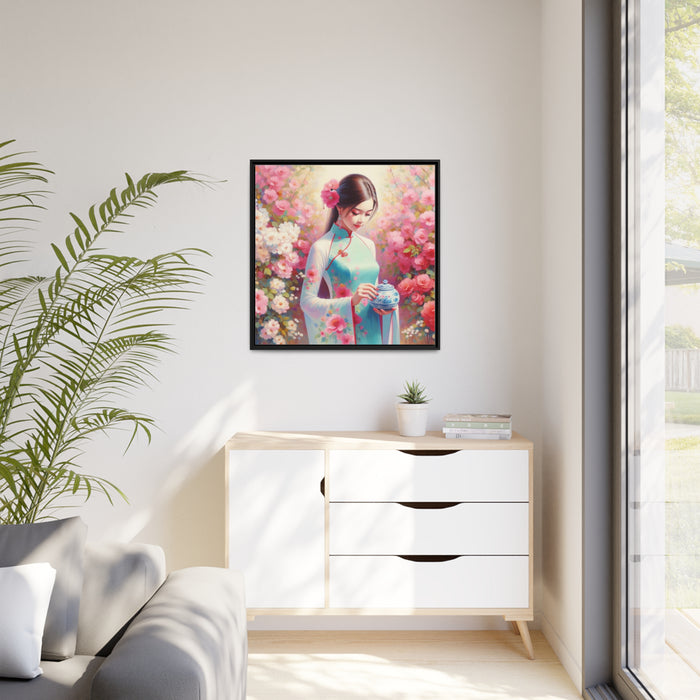 Elegant Ao Dai Girl Matte Canvas Print - Sustainable Pinewood Frame