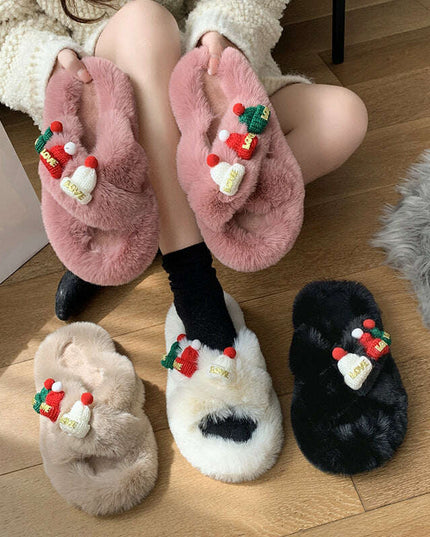 Christmas Hat Fluffy Slippers Women's Warm Toe Covering Cotton Slippers