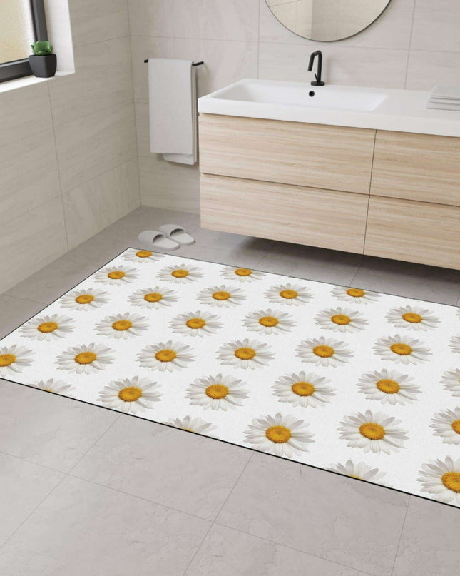 Chic Chamomile Floral Floor Mat with Elegant Black Accents