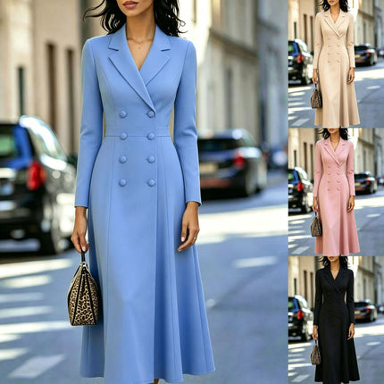 Women's Elegant Double-Breasted Long Dress — Cinched Waist & Flared Skirt
