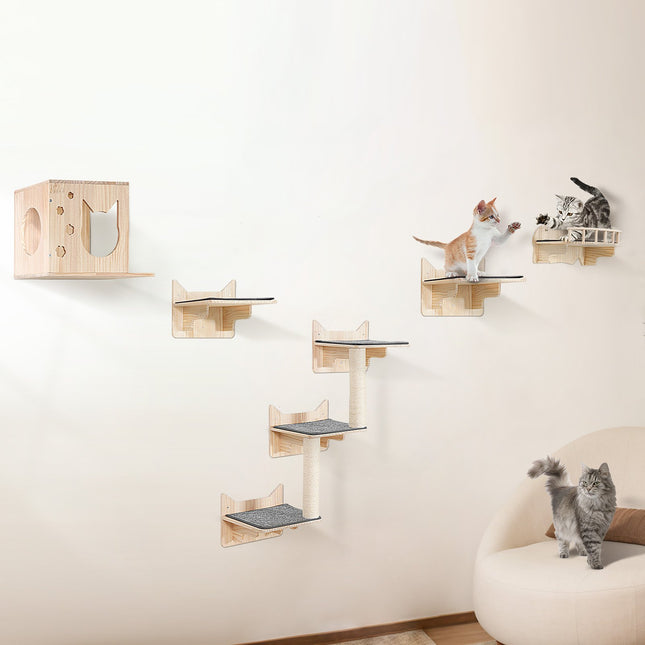 Peekaboo Studio Wall Mounted Cat Shelves - Set of 5 with Jumping Board