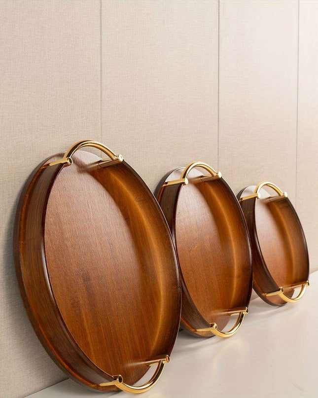 Chic Round Bamboo and Wood Serving Tray with Sturdy Metal Handle - Space-Saving Stackable Ottoman for Home Style