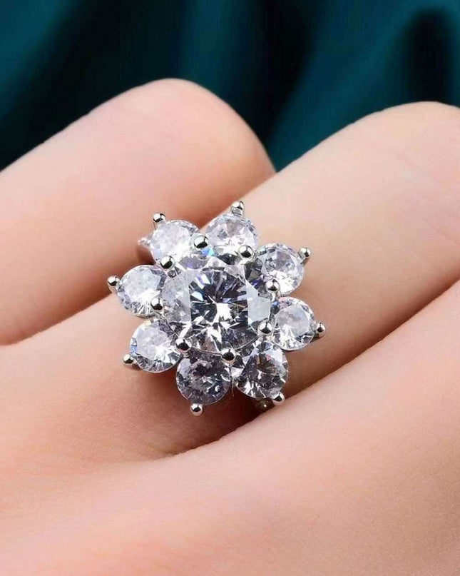 Exquisite Floral Moissanite Ring with Platinum-Plated Zircon Accents - Unmatched Sophistication
