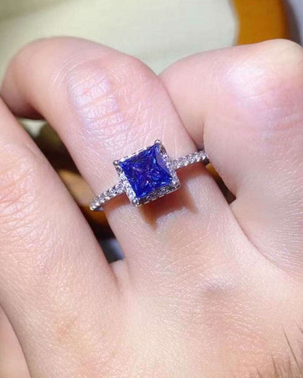 Stunning Lab Grown Sapphire & Blue Diamond Sterling Silver Ring Set - Modern Square Design