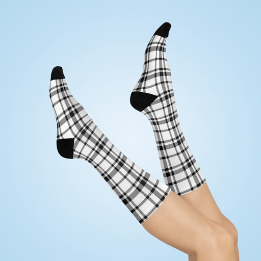 Black and White Printed Cushioned Crew Socks - Unisex One-Size Comfort
