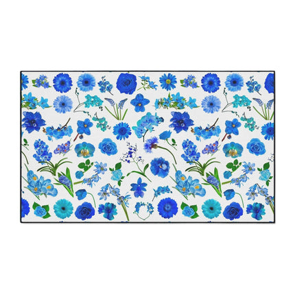Elegant Customizable Blue Blossom Floor Mat with Chic Black Trim