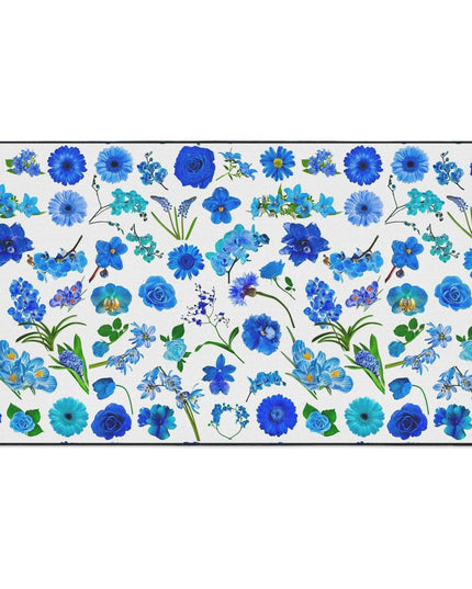 Elegant Customizable Blue Blossom Floor Mat with Chic Black Trim