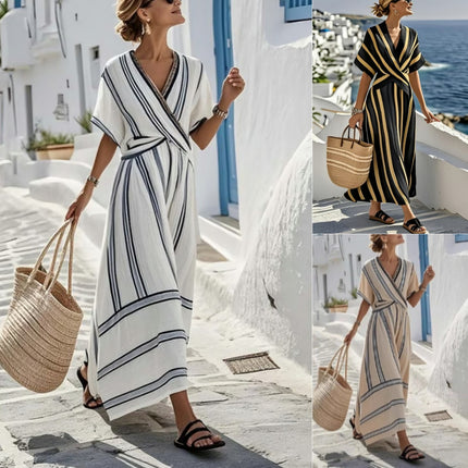 Peekaboo Studio Women's Boho Striped V Neck Pleated A-Line Dress