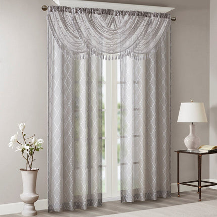 Room and Decor Diamond Sheer Embroidered Waterfall Valance, Grey 38x46