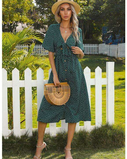 Polka-Dot Charm V-neck Dress with Stylish Bow Detail