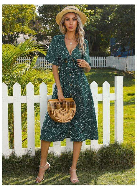 Polka-Dot Charm V-neck Dress with Stylish Bow Detail