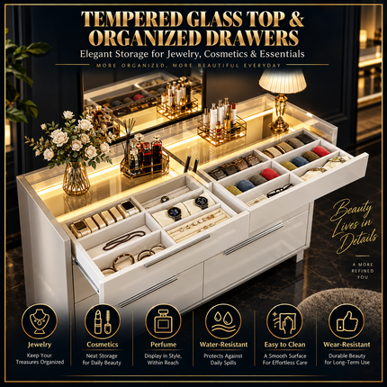 47.2" 8 Drawer Dresser with LED Light, Modern High Gloss Chest of Draw Dressers 47-2-8-drawer-dresser-with-led-light-modern-high-gloss-chest-of-drawers-with-glass-tabletop-2-six-grid-jewelry-drawers-for