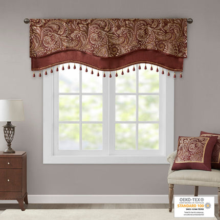Room & Decor Jacquard Rod Pocket Valance, Beaded, Burgundy 50x18