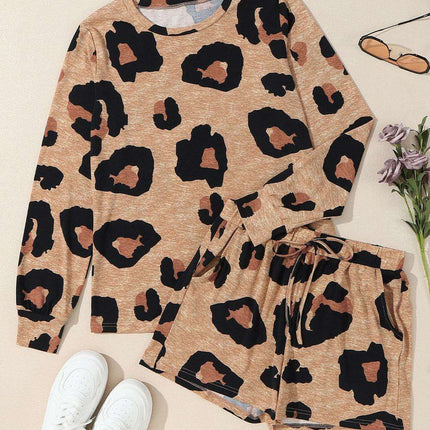 Chic Leopard Print Lounge Set: Long Sleeve Pullover and Shorts Combo