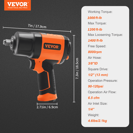 VEVOR Air Impact Wrench - 1400ft-lb Torque, 90-120PSI Power