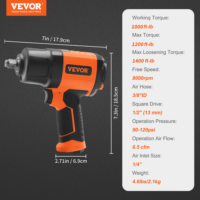 VEVOR Air Impact Wrench - 1400ft-lb Torque, 90-120PSI Power
