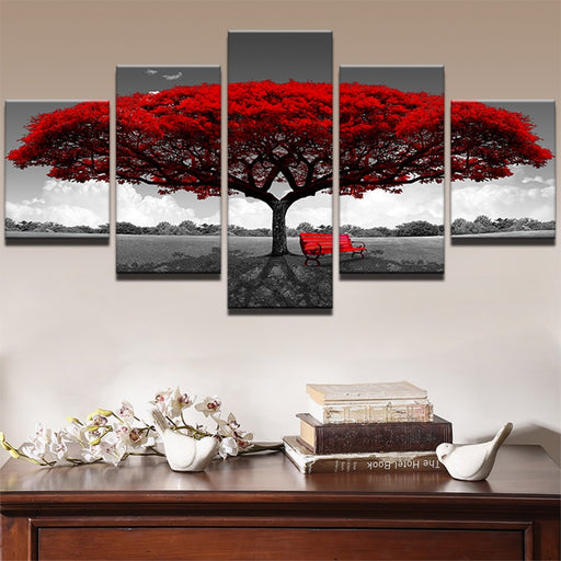 Red Tree Landscape Canvas Prints Set - Modern Nature Art for Elegant Home Decor