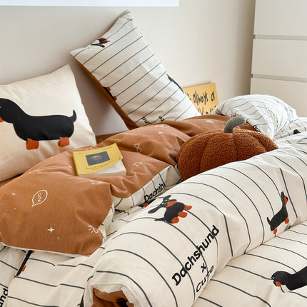 Cartoon Puppy Striped Four-piece Cotton Bedding Set
