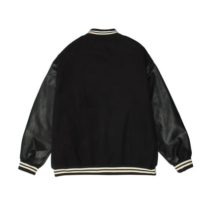 Black Letter-Embroidered Varsity Jacket with Glossy Sleeves
