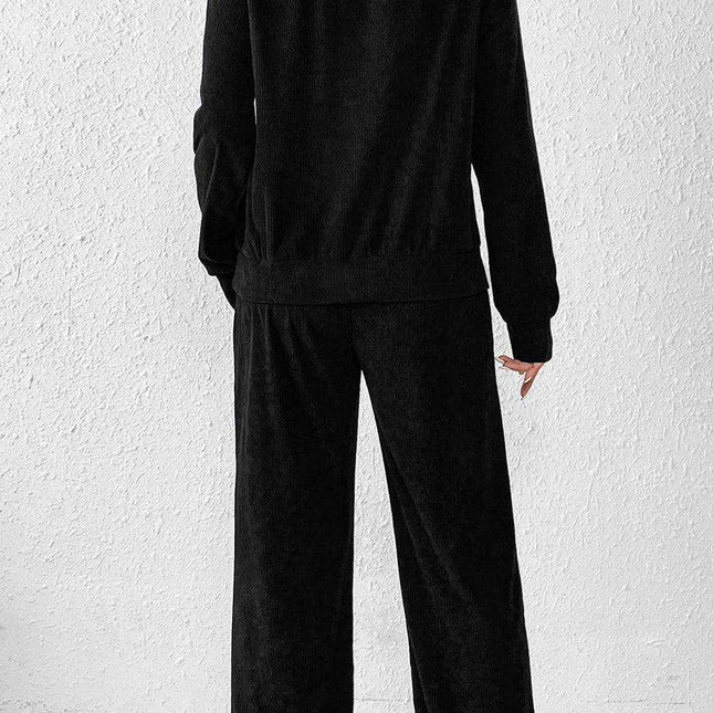 Elegant Black Corduroy High Neck Twin Set with Flared Trousers