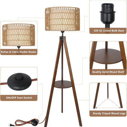 Room & Decor Boho Tripod Floor Lamp with Rattan Shade & Foot Switch