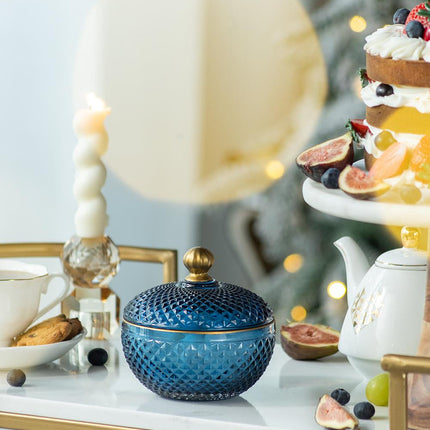 Room & Decor S2 Blue Gold Glass Candy Jar with Lid - Christmas Decor