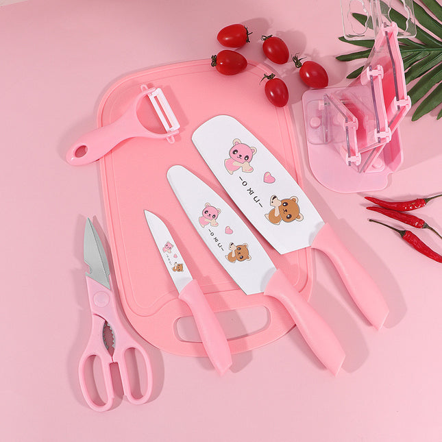 Bear Print 5 Piece Stainless Steel Kitchen Knife Set Pink Blue Yellow