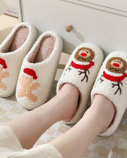 Christmas Home Slippers Cute Cartoon Santa Claus Cotton Slippers For Women And Men Couples Winter Warm Furry Shoes
