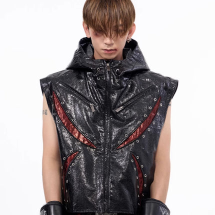 Peekaboo Studio Dark Sleeveless Hooded Vest Coat with Pockets & Zip Cl