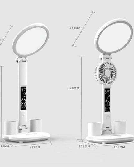 LED Clock Table Lamp USB Chargeable Dimmable Desk Lamp Plug-in LED Fan Light Foldable Eye Protection Reading Night Light